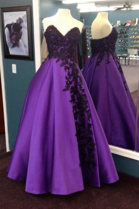 Purple Strapless Lace Long Prom Dress, Lace Evening Dress, Ball Gown