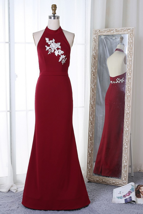Mermaid Jewel Floor-Length Dark Red Satin Prom Dress with Appliques Beading