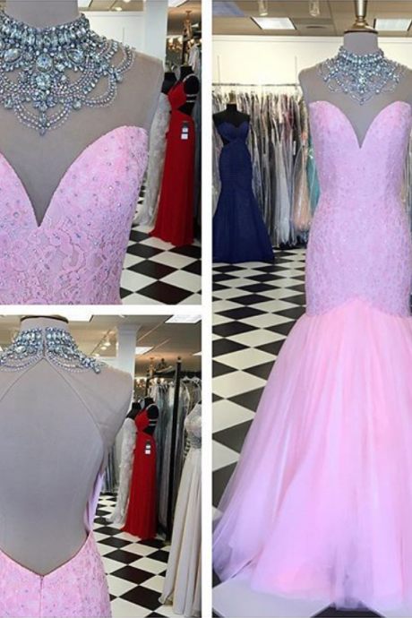 Beaded Illusion High Neck Pink Lace Mermaid Prom Dress With Open Back
