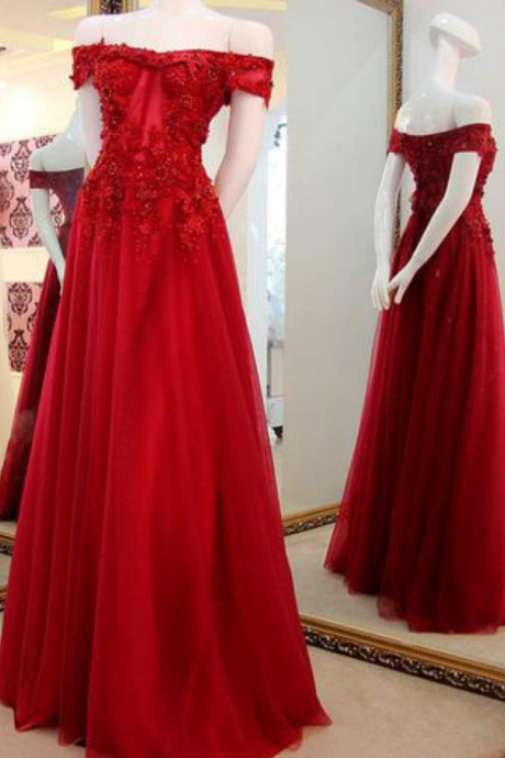 Off The Shoulder Prom Gown 2018,applique Lace Long Prom Dresses,tulle Party Dresses,dark Red Formal Dresses,prom Dresses