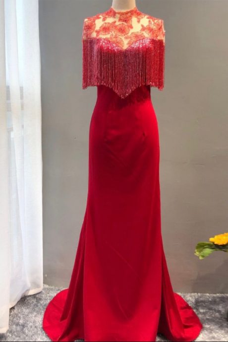 High Quality Bridal Dress, Small Bridal Mermaid Prom Dress, Red Tilted Waist Fish Tail Evening Dress ,haute Couture,custom Made
