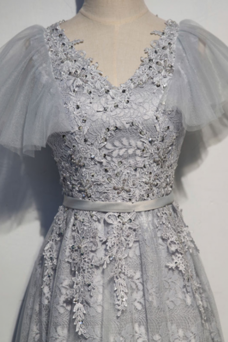 Silvery Lace Wedding Gown With Women's Sequined Party's Formal Evening Gown