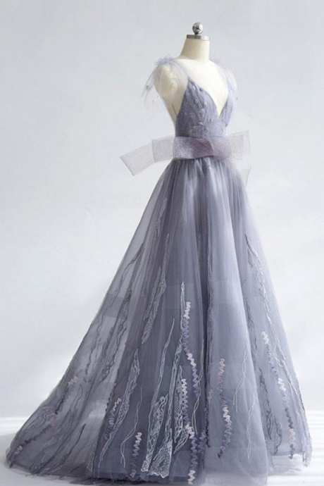 Unique Gray Tulle V Neck Long Prom Dress, Unique Evening Dress