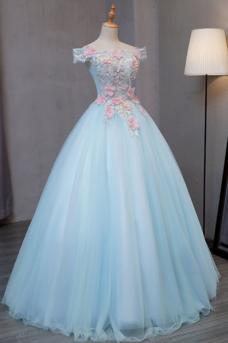 Shoulder Dress, Floral Dress, Evening Dress, Party Dress, Long Dress, Blue Dress