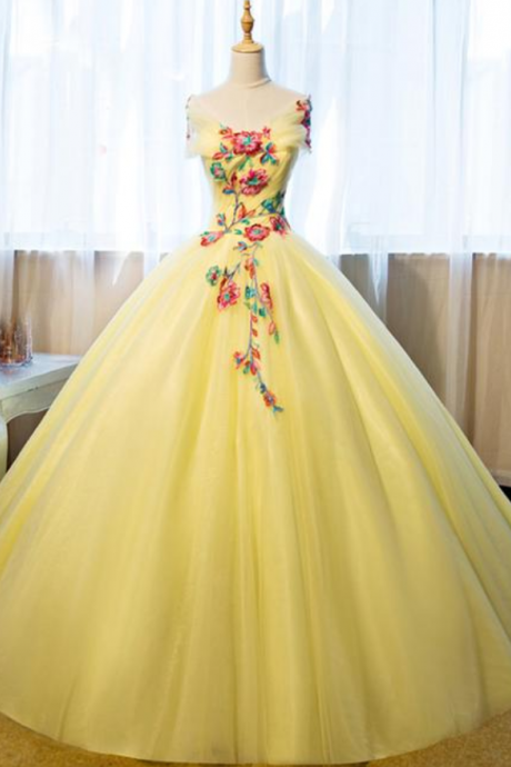 Yellow Gown, Shoulder Gown, Floral Gown.lovely Dress, Long Dress, Big Skirt Dress, Party Dress