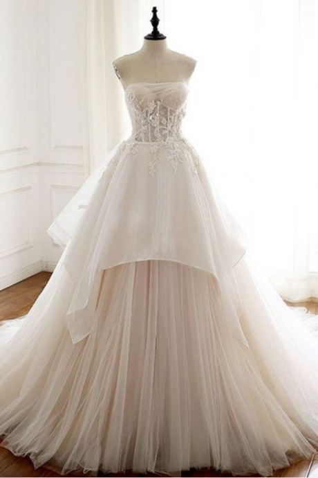 Ivory Strapless A-Line Tulle Long Prom Dresses,Lace Wedding Gown