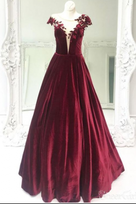 Burgundy Velvet Long Prom Dresses Cap Sleeve Maroon Prom Dress