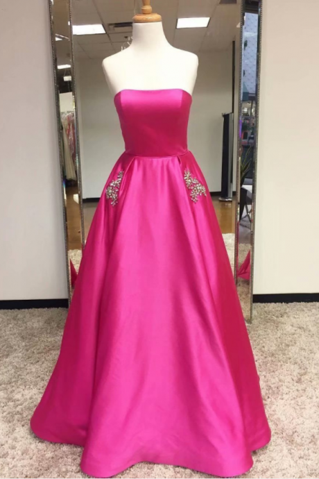 Fashion Fuschia A-line Prom Dresses With Pockets, Prom Dress,prom Dresses For Teens,2019 Satin Evening Dresses