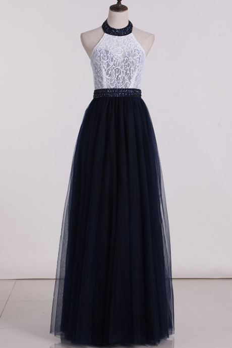 Prom Dresses Halter With Beading A Line Prom Dresses Tulle & Lace Floor Length