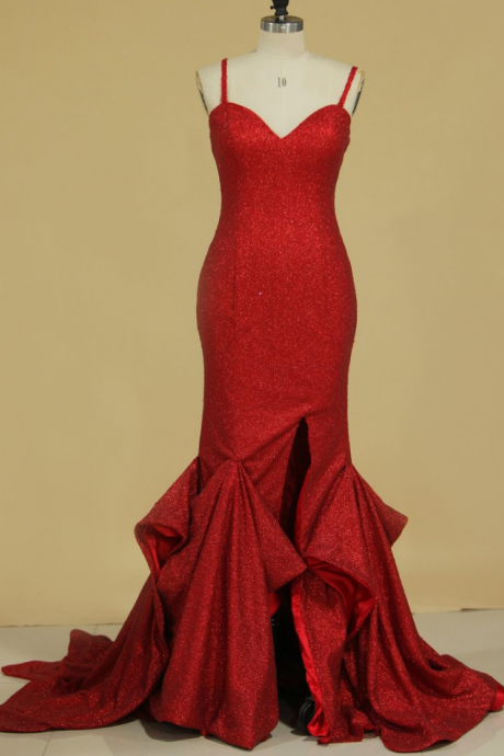 prom dresses Mermaid Spaghetti Straps Sequins With Slit Prom Dresses