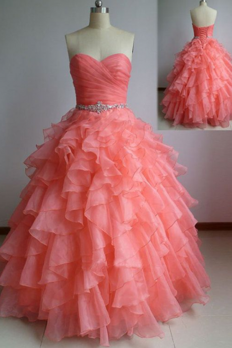 Ulass Beautiful Coral Ball Gown Sweetheart Prom Dresses With Beadings, Coral Prom Dresses, Prom Dress