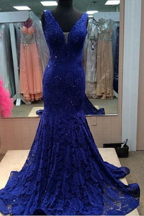 Charming Beaded Royal Blue Mermaid Evening Dress, Sexy Sleeveless V Neck Appliques Prom Dresses, Formal Gowns