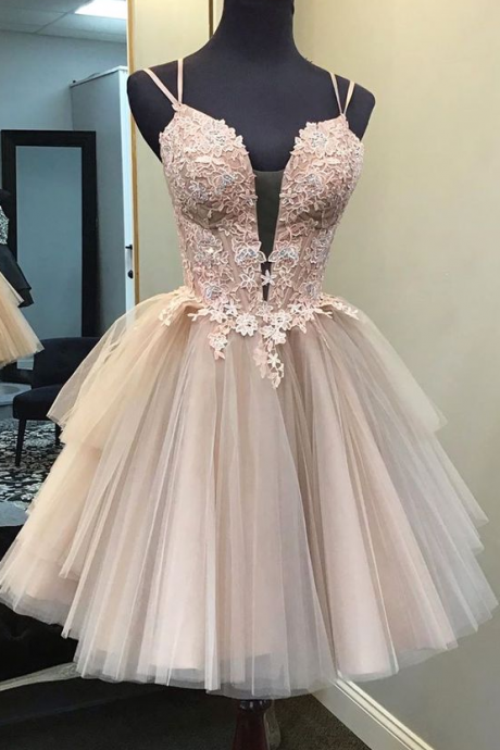 Double Straps Short Pink Tulle Ball Gown, Homecoming Dress Short