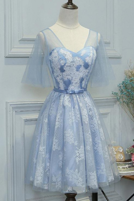 Mini Short Prom Dress, Blue lace short prom dress with sleeves, short bridesmaid dress with bowknot