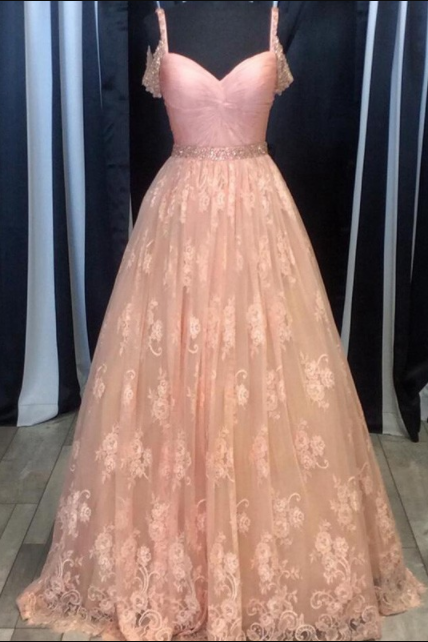 Pink Long Prom Dress, Pink Lace Prom Dress Evening Dress