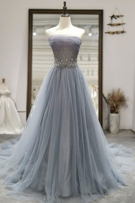 Gray Tulle Sequin Long Prom Dress, Gray Tulle Formal Dress