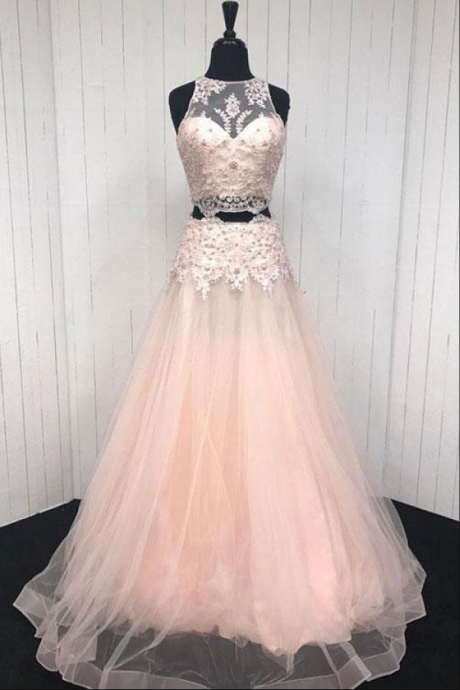 Two Pieces Prom Dresses, Prom Dresses Lace, Long Prom Dresses, Pink Prom Dresses