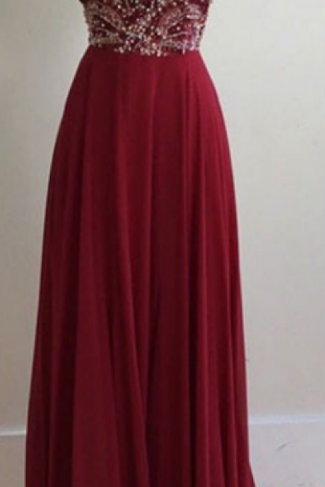 Spaghetti Straps Prom Dresses,sexy V-neck Prom Gown,burgundy Long Prom Dress With Beading
