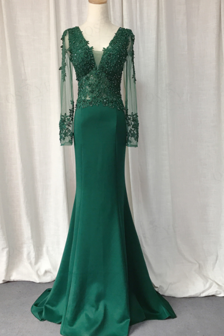prom dresses Elastic Mermaid Long Dress Women Appliques Lace Formal Party Gown Long Sleeves V Neck Emerald Evening