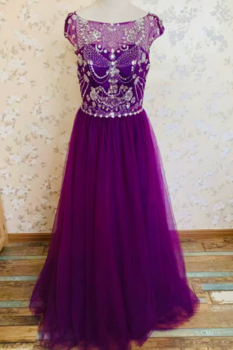 Cap sleeve prom dress,purple formal dress,wedding guest dress,Queenie Prom Unique,Custom Made