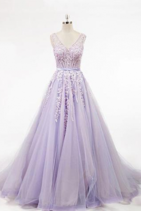 Lavender Ball Gown Prom Dress with Beads,back party dress, long evening dress, appliques dress