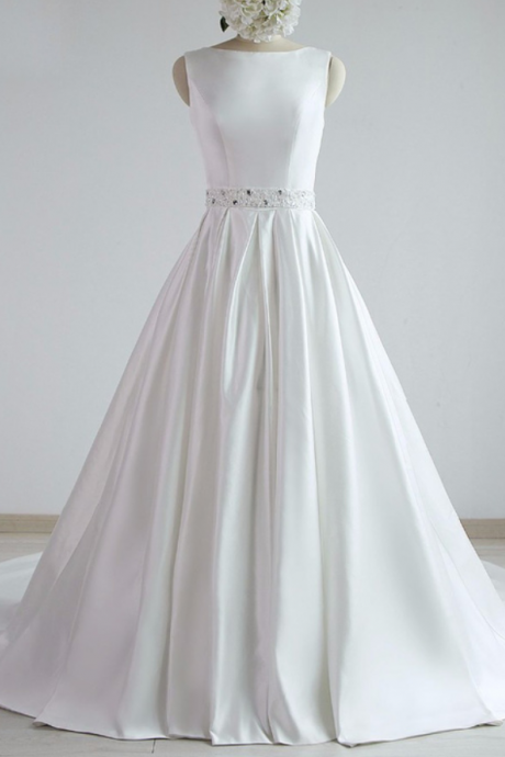 Wedding dresses Scoop Neck Sleeveless Bride Dresses A-line Lace Beading Court Train Bridal Gowns
