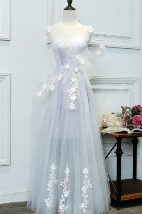 Unique gray tulle lace applique long prom dress, evening dress
