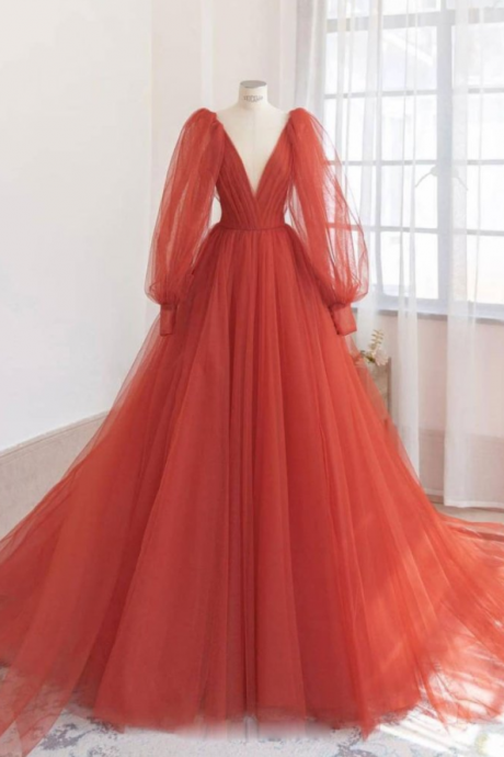 Orange v neck tulle long prom dress, orange evening dress