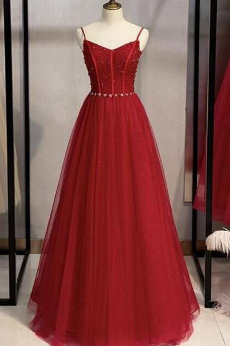 A Line Tulle Beads Long Prom Dress Evening Dress