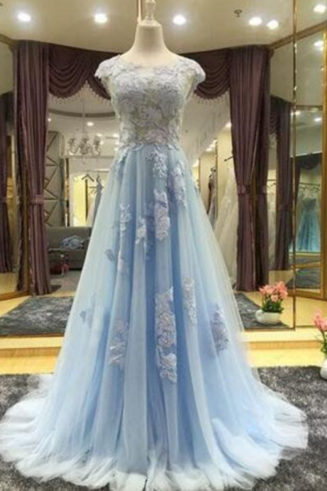 tulle A-line prom dresses,cap sleeves evening dress