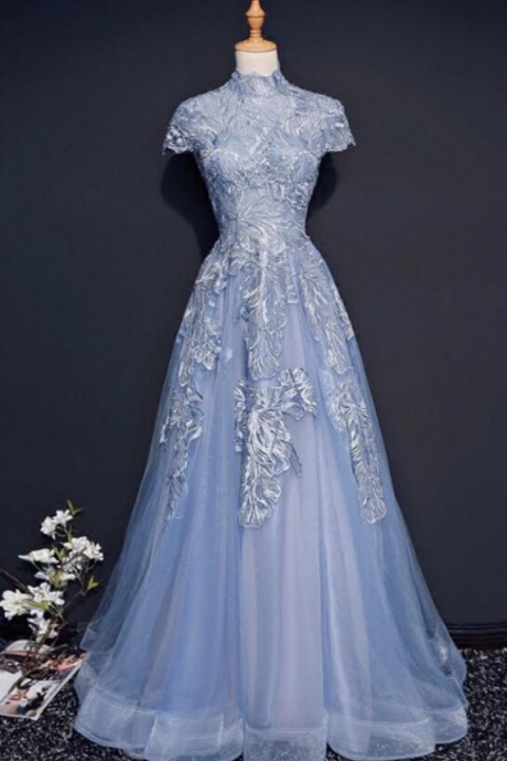Elegant high neck lace appliqued long prom dress