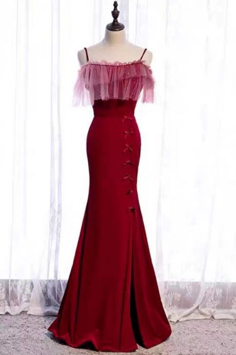 Burgundy Ribbon Evening Dress, Fishtail Elegant Dress,sweet Party Dress,custom Made