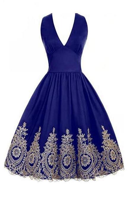 Homecoming dresses V-Neck Homecoming Dresses Fashion Gold Appliques Satin Graduation Formal Party Gowns