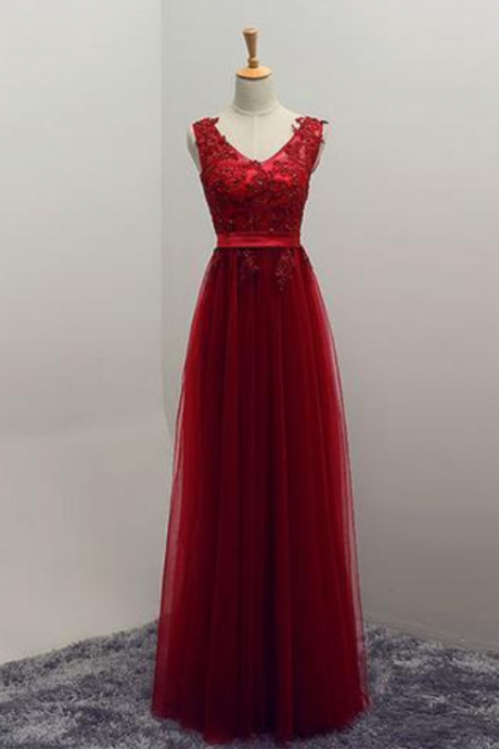 Red Lace Appliqués Plunge V Sleeveless Floor Length Tulle Formal Dress, Prom Dress