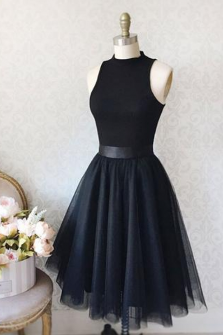 Black Mock Neck Sleeveless Short Tulle Homecoming Dress, Formal Dress