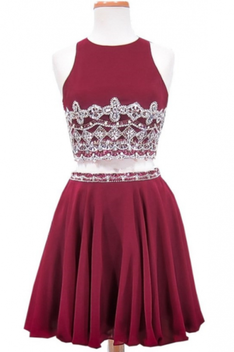 Burgundy Two-piece Homecoming Dress Featuring Beaded Embellished Crew Neck Sleeveless Crop Top And Short Skirt