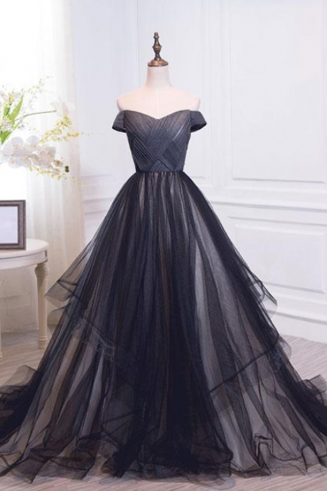Simple Black Sweetheart Tulle Long Prom Dress, Black Evening Dress