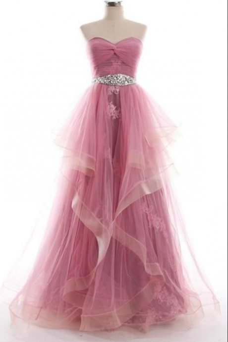 Pink Floor Length Ruffled Tulle Evening Dress Featuring Ruched Sweetheart Bodice
