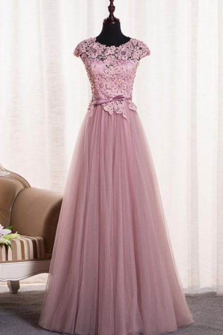 Pink Round Neck Tulle Lace Applique Long Prom Dress, Tulle Evening Dress