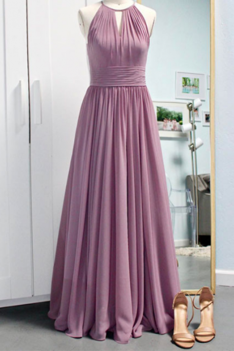 Simple Halter Chiffon Long Prom Dress,light Purple Bridesmaid Dress,a Line Pleated Prom Dresses
