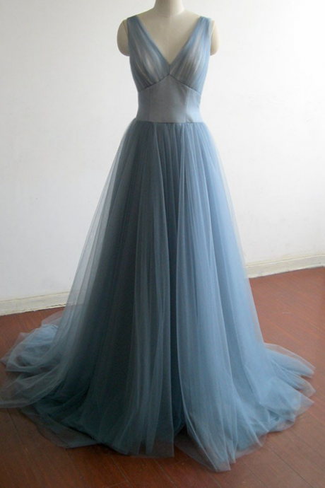 Elegant Grey Blue Tulle Long Prom Dress,v Neck Bridesmaid Dress,evening Dress