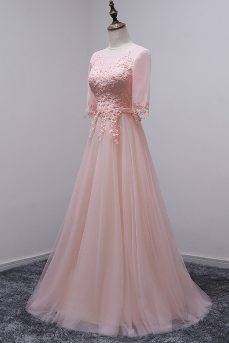 Prom Dresses, Coral Prom Dresses, Half Sleeve Prom Dress, A Line Prom Dresses, Long Prom Dresses, Tulle Lace Evening Gowns Appliquéd, Evening