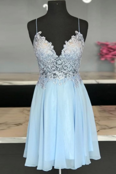 Blue Sweetheart Chiffon Lace Short Prom Dress Lace Homecoming Dress