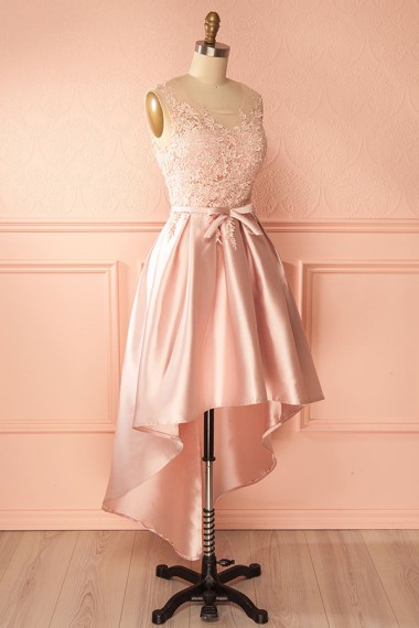 Pink Lace High Low Homcoming Dress, Simple Pink Bowknot Prom Dresses