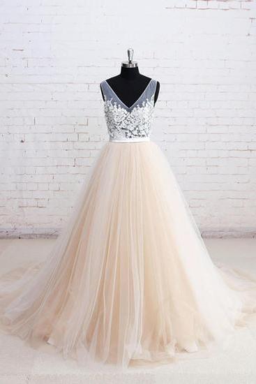 Champagne Tulle V Neck Long Wedding Dress, Lace Appliques A-line Formal Prom Dress