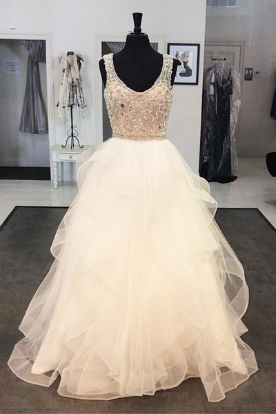 Ivory Organza Long Sequins Evening Dress, Beaded Halter Formal Prom Dress