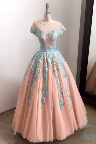 Unique baby blue lace appliques long formal prom dress, tulle evening dress 