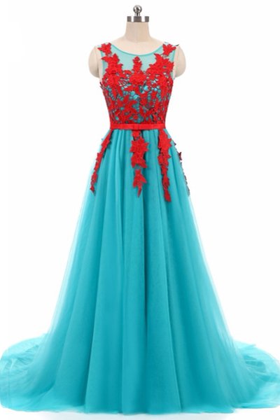 Blue Tulle Long Red Lace Round Neckline Evening Dress