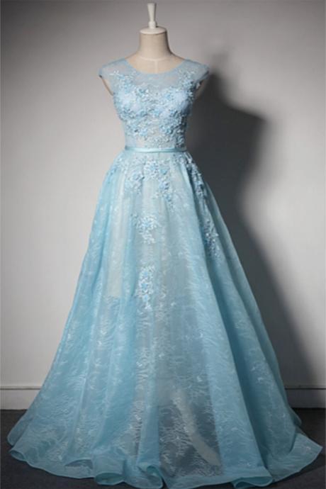 Prom Dresses,Iace blue lace round neck customize long senior pageant prom dress