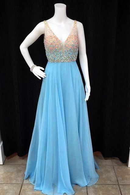 Prom Dress,modest Prom Dress,long Chiffon V Neck Crystal Beaded Prom Dresses Floor Length
